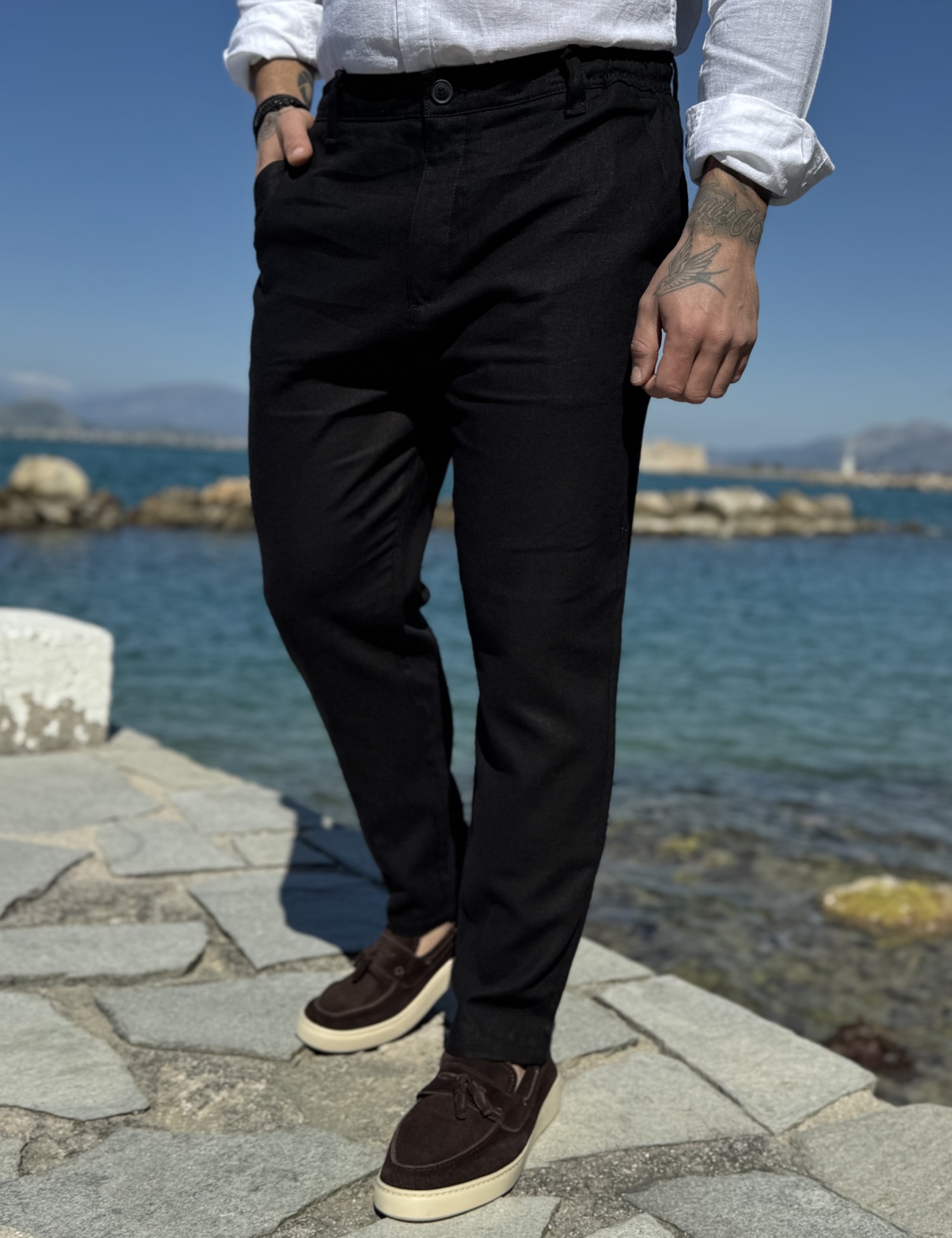 Ανδρικό μαύρο λινό υφασμάτινο παντελόνι με λάστιχο στην μέση JR0022M φωτογραφία